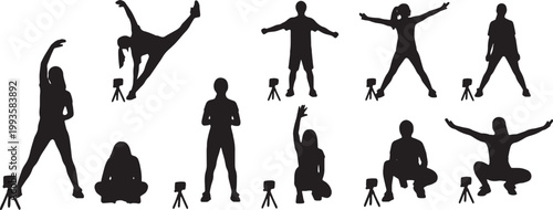 Black Solid Fitness Workout Stream Setup Silhouettes Set of Six on White Background