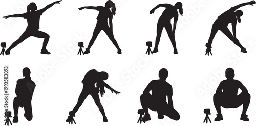 Black Solid Fitness Workout Stream Setup Silhouettes Set of Six on White Background
