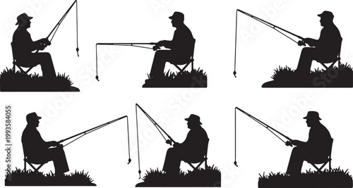 Black Solid Folding Chair Lake Fishing Sitting Silhouettes Set of Six on White Background