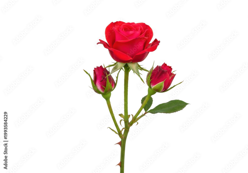 Fototapeta premium Vibrant red rose with buds and leaves isolated on transparent background