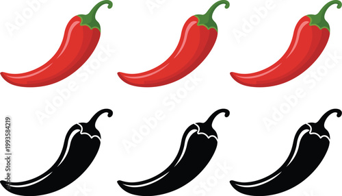 Chili pepper icon set, bold red and black silhouette illustrations of hot peppers for spicy food labels Mexican cuisine themes and culinary design use.