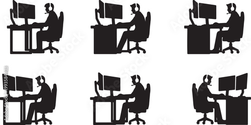 Black Solid PC Gaming Streamer Setup Silhouettes Set of Six on White Background