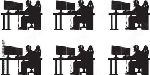 Black Solid PC Gaming Streamer Setup Silhouettes Set of Six on White Background