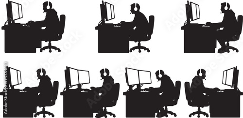 Black Solid PC Gaming Streamer Setup Silhouettes Set of Six on White Background