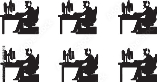 Black Solid PC Gaming Streamer Setup Silhouettes Set of Six on White Background