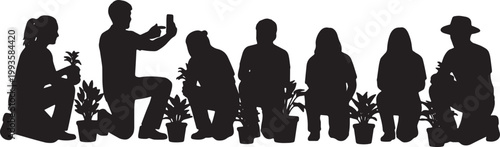 Black Solid Gardening Vlogger Smartphone Plant Silhouettes Set of Six on White Background