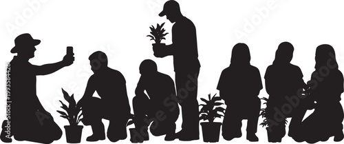 Black Solid Gardening Vlogger Smartphone Plant Silhouettes Set of Six on White Background