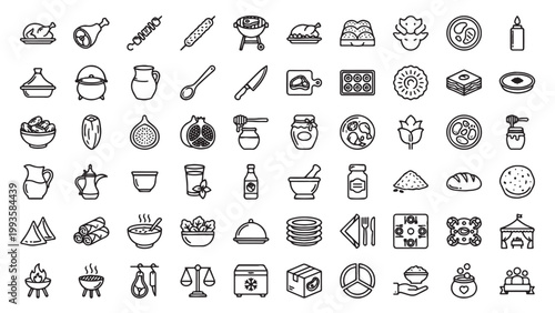 Food cooking and kitchen utensil outline icon set for recipe app, restaurant menu, culinary platform, or food delivery service UI design