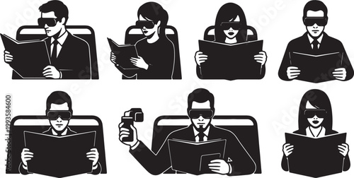 Black Solid AR Smart Glasses Commuter Reading Silhouettes Set of Six on White Background