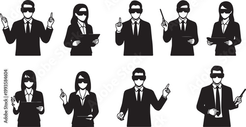Black Solid AR Smart Glasses Corporate Meeting Silhouettes Set of Six on White Background