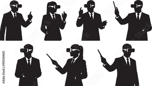 Black Solid AR Smart Glasses Corporate Meeting Silhouettes Set of Six on White Background