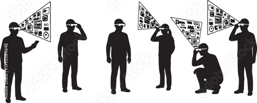 Black Solid AR Smart Glasses Factory Supervisor Silhouettes Set of Six on White Background