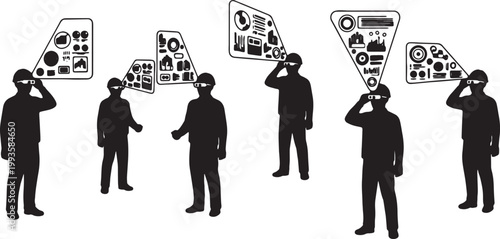Black Solid AR Smart Glasses Factory Supervisor Silhouettes Set of Six on White Background