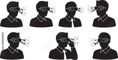 Black Solid AR Smart Glasses Factory Supervisor Silhouettes Set of Six on White Background