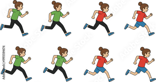 Running Girl Character Set Vector Illustration Featuring Female Jogging in Different Poses for Fitness Training Sport Activity and Healthy Lifestyle Design