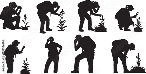 Black Solid AR Smart Glasses Hiker Plant Identification Silhouettes Set of Six on White Background