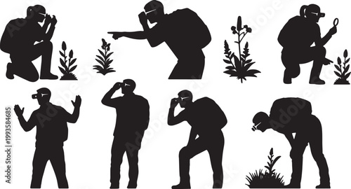 Black Solid AR Smart Glasses Hiker Plant Identification Silhouettes Set of Six on White Background