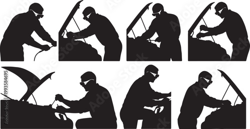 Black Solid AR Smart Glasses Mechanic Repair Silhouettes Set of Six on White Background