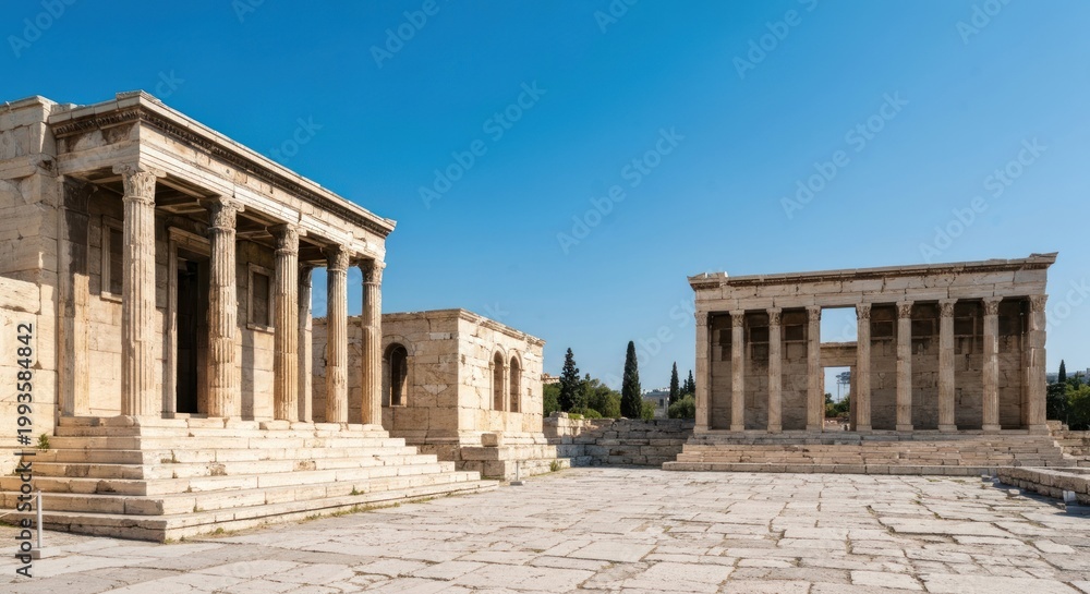 Fototapeta premium Ancient Greek ruins stand proud against a clear blue summer sky