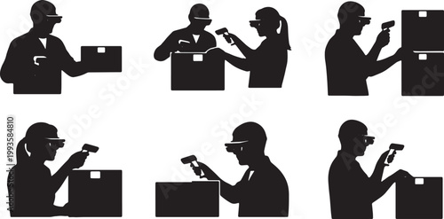 Black Solid AR Smart Glasses Warehouse Logistics Silhouettes Set of Six on White Background