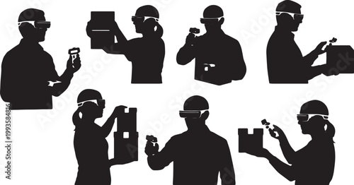 Black Solid AR Smart Glasses Warehouse Logistics Silhouettes Set of Six on White Background