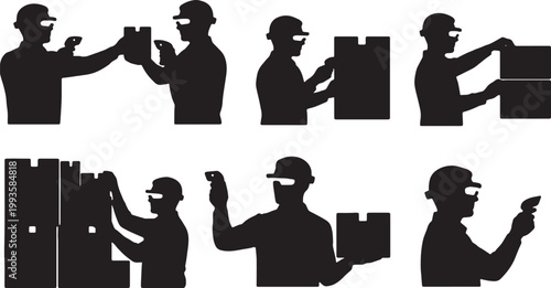 Black Solid AR Smart Glasses Warehouse Logistics Silhouettes Set of Six on White Background