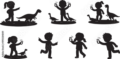 Black Solid AR Smartphone Dinosaur Child Silhouettes Set of Six on White Background