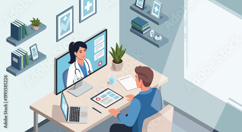 Doctor consults patient via video call on computer screen, telemedicine concept, remote healthcare consultation