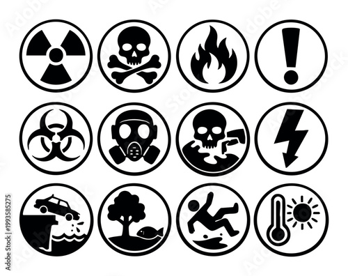 Multiple black and white hazard and warning signs for radiation, toxicity, flammability, electricity, environmental danger, and slips
