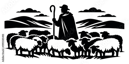 Shepherd standing, holding a staff, overseeing a flock of sheep on rolling hills. Concept of guidance, agriculture, and rural life