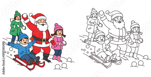 Santa Claus and children playing in snow with sled illustration set including coloring page version