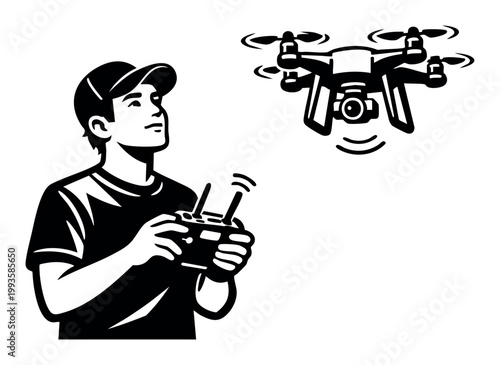 Man flying a drone for hobby or commercial use, wearing a cap and holding a controller, with the quadcopter in the air