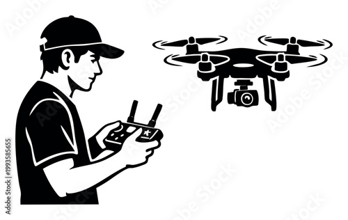 Man flying a drone equipped with a camera, controlling it with a remote. Vector illustration for technology, hobby, and leisure