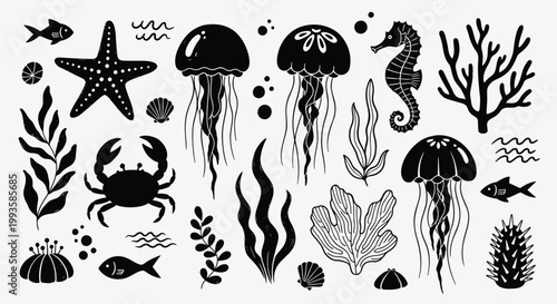 Black and white sea creatures, ocean icons, marine life illustrations, vector set
