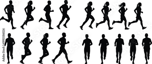 Running People Silhouette Vector Collection Featuring Men and Women Jogging in Different Poses for Fitness Training Sport Activity and Healthy Lifestyle Design