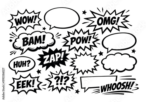 Comic book-style elements featuring pop art speech bubbles, exclamations, and sound effects for dynamic designs