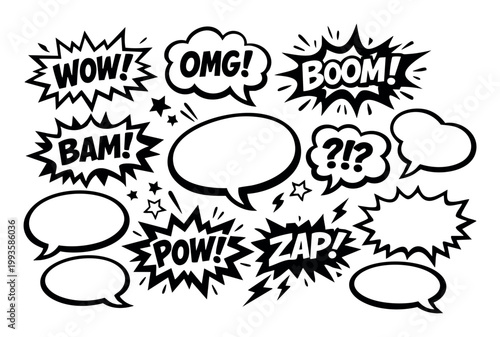 Comic speech bubbles and sound effects, including text and empty graphic elements, for pop art style and communication concepts