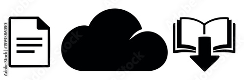 Document, cloud, and book icons with a download arrow, visualizing digital information retrieval and cloud computing
