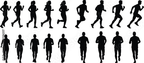 Running People Silhouette Vector Set Featuring Men and Women Jogging in Different Poses for Fitness Training Sport Activity and Healthy Lifestyle Design