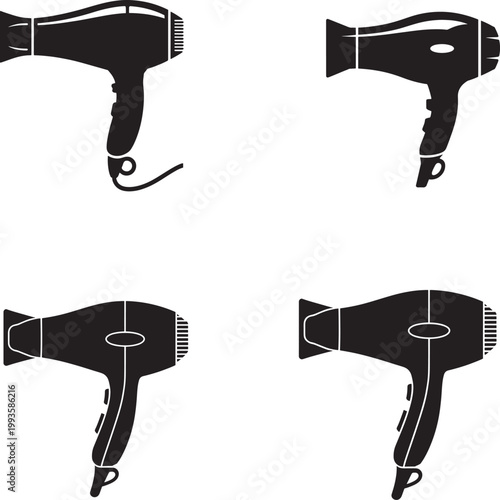 Four black hair dryers on white background