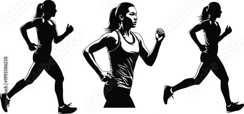Female Running Silhouette Vector Illustration Featuring Woman Jogging in Side View and Dynamic Poses for Fitness Training Sport Activity and Healthy Lifestyle Design