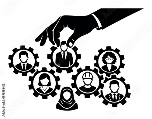 Hand placing a person icon gear, representing human resources management, team building, recruitment, and strategy development