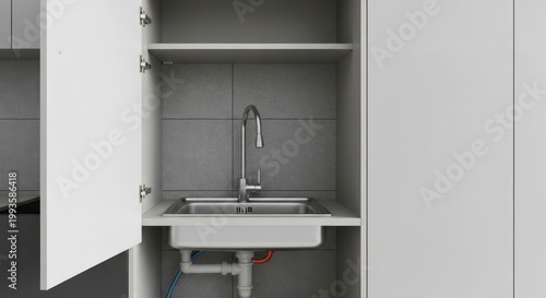 Open white cabinet revealing a small stainless steel sink with faucet
