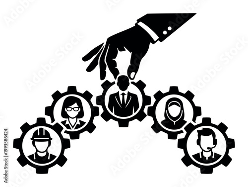 Hand placing a new employee gear into a network of diverse professional gears, illustrating talent acquisition, team building, and human resources