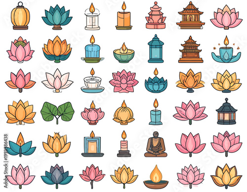 Sacred Lotus Flower Icons and Spiritual Wellness Symbols Collection