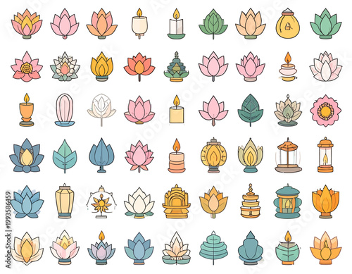 Sacred Lotus Flower Icons and Spiritual Wellness Symbols Collection