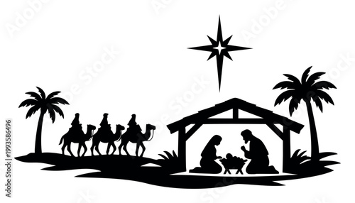 Nativity scene silhouette depicting the birth of Jesus Christ, Mary, Joseph, and the magi riding camels to the stable