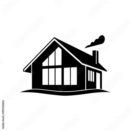 Simple black and white illustration of a cozy two-story house with chimney smoke