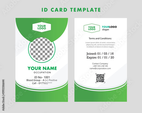 Corporate ID card template design with modern orange gradient, featuring front and back layouts for employee identification and business branding.