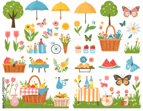 Cute Spring Picnic Elements Collection with Flowers Butterflies and Food Icons-3